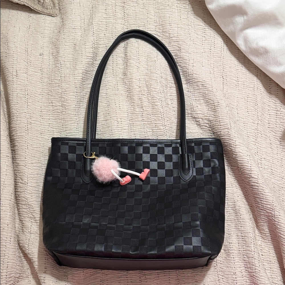 Chic Black Checkered Shoulder Bag with Pink Charm